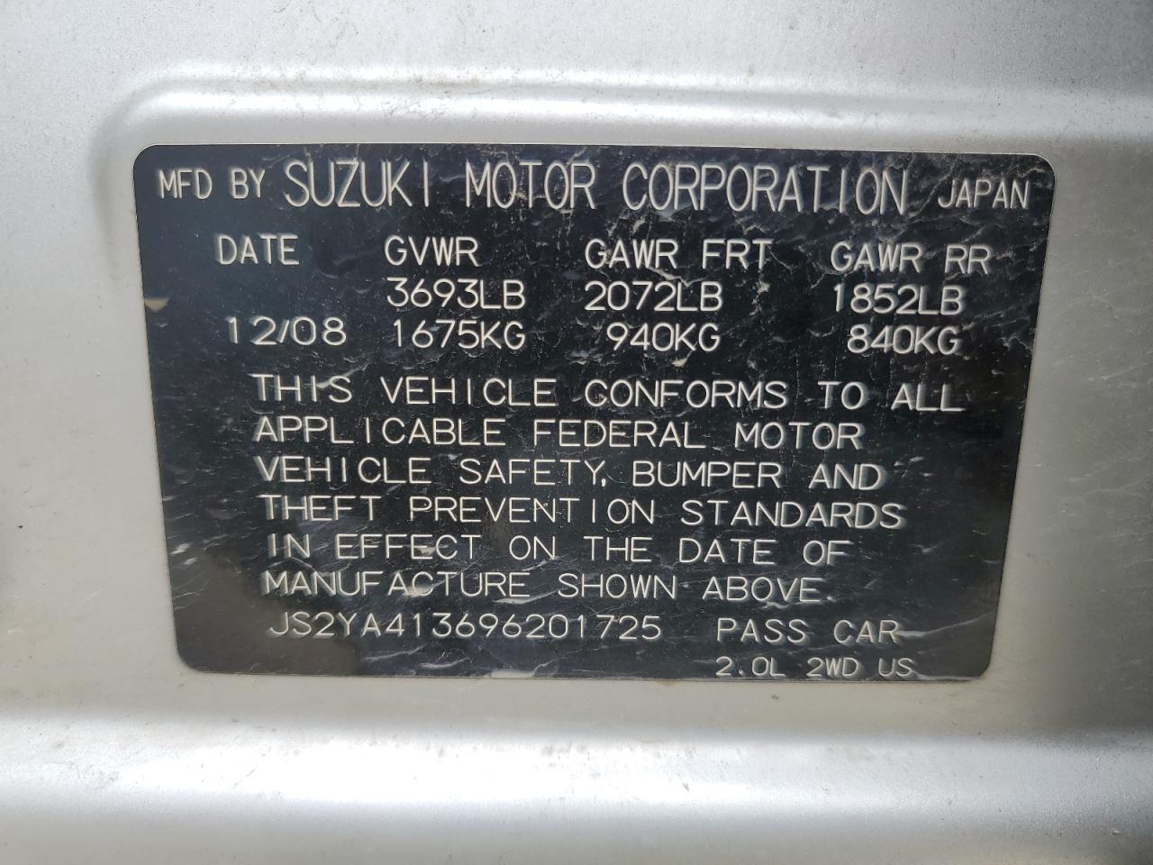 JS2YA413696201725 2009 Suzuki Sx4 Technology