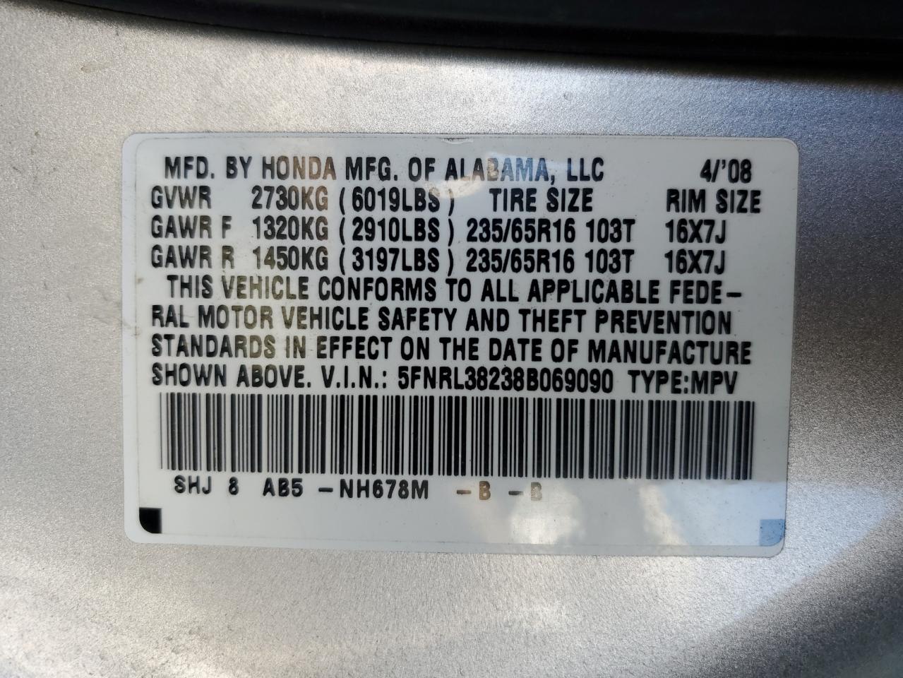 5FNRL38238B069090 2008 Honda Odyssey Lx