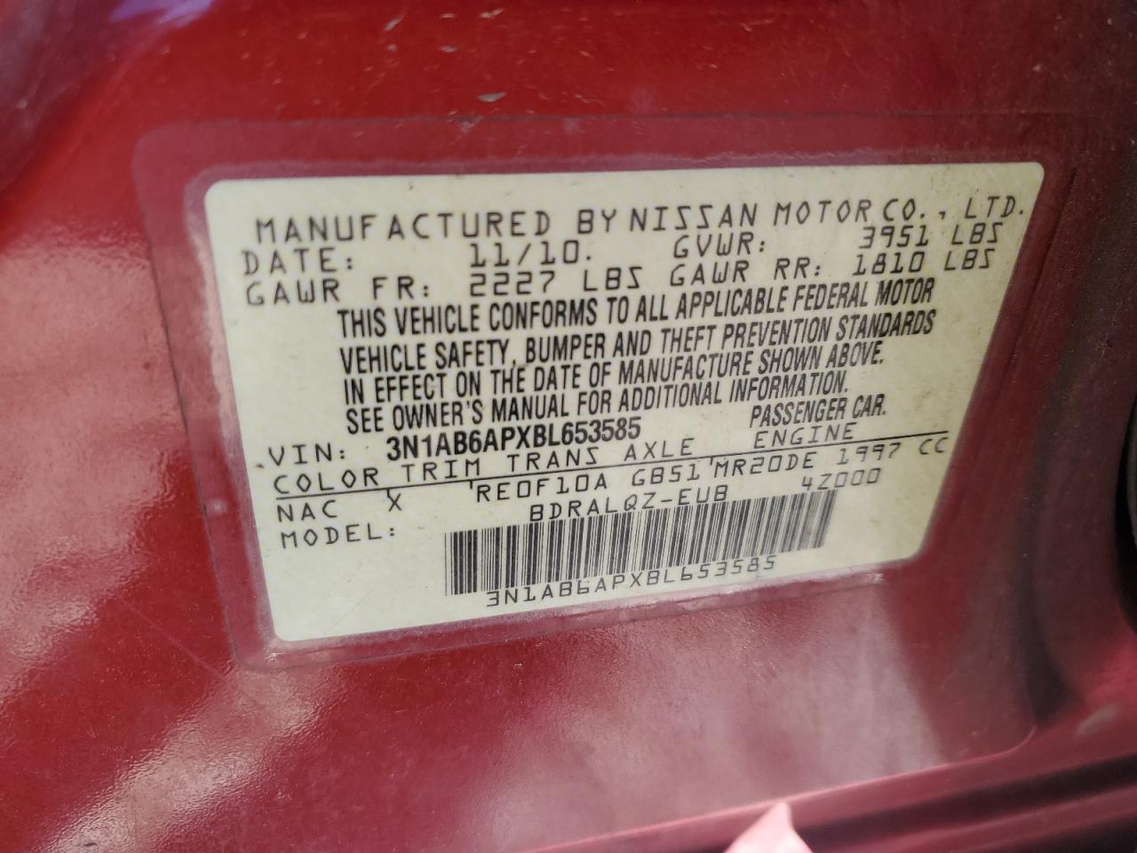 3N1AB6APXBL653585 2011 Nissan Sentra 2.0