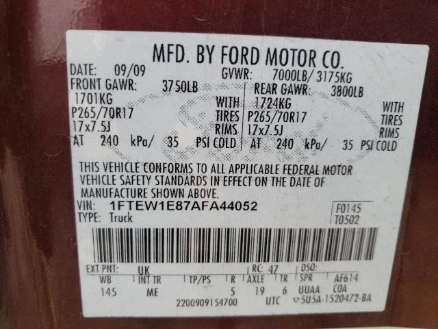 2010 Ford F150 Supercrew VIN: 1FTEW1E87AFA44052 Lot: 51067124