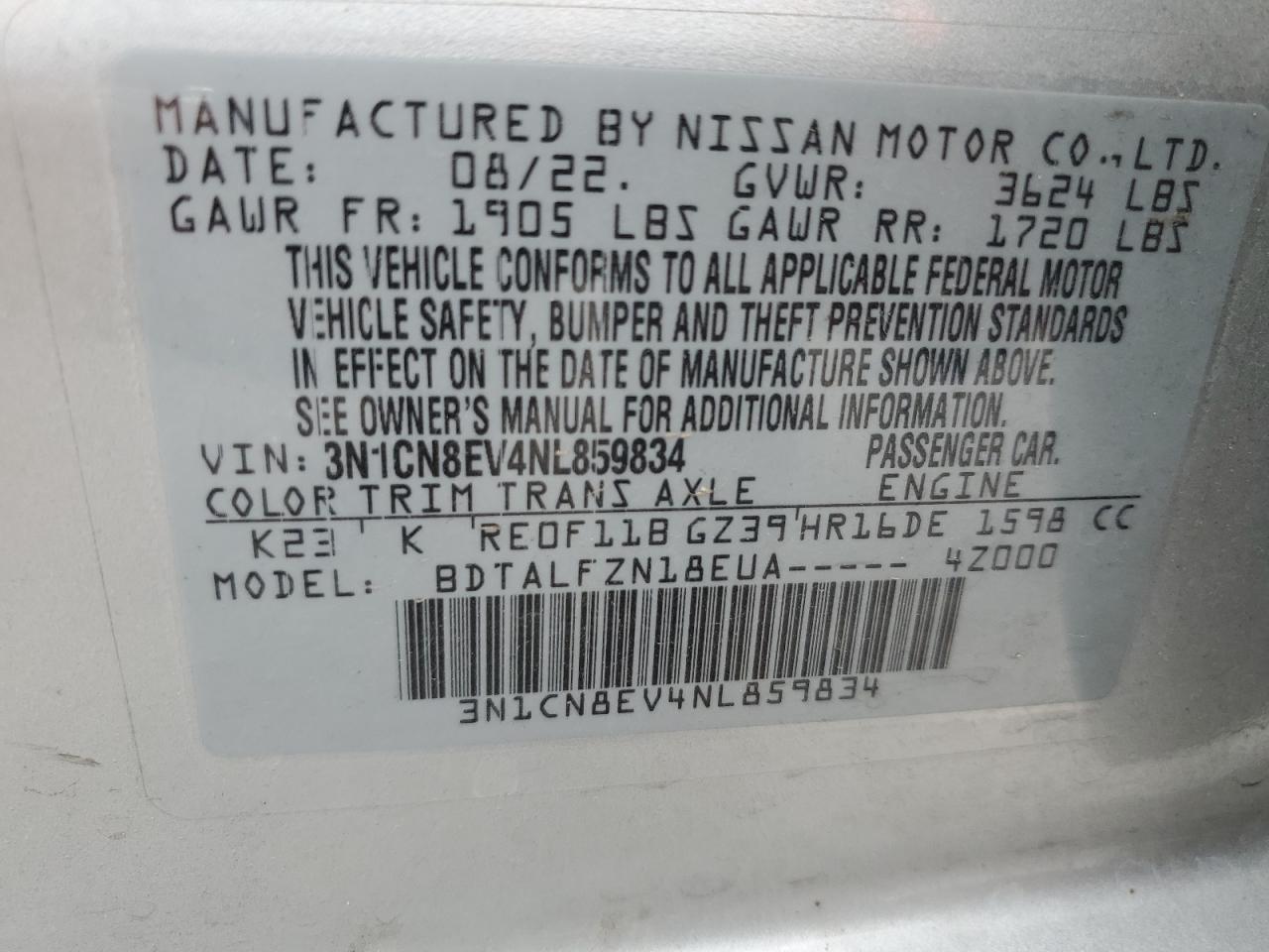 3N1CN8EV4NL859834 2022 Nissan Versa Sv