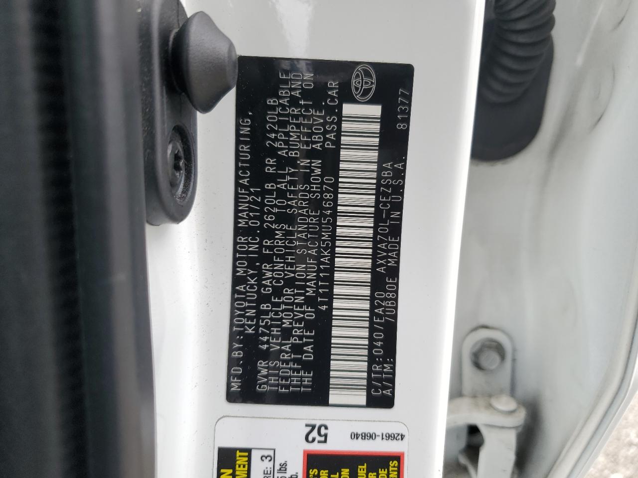 4T1T11AK5MU546870 2021 Toyota Camry Se