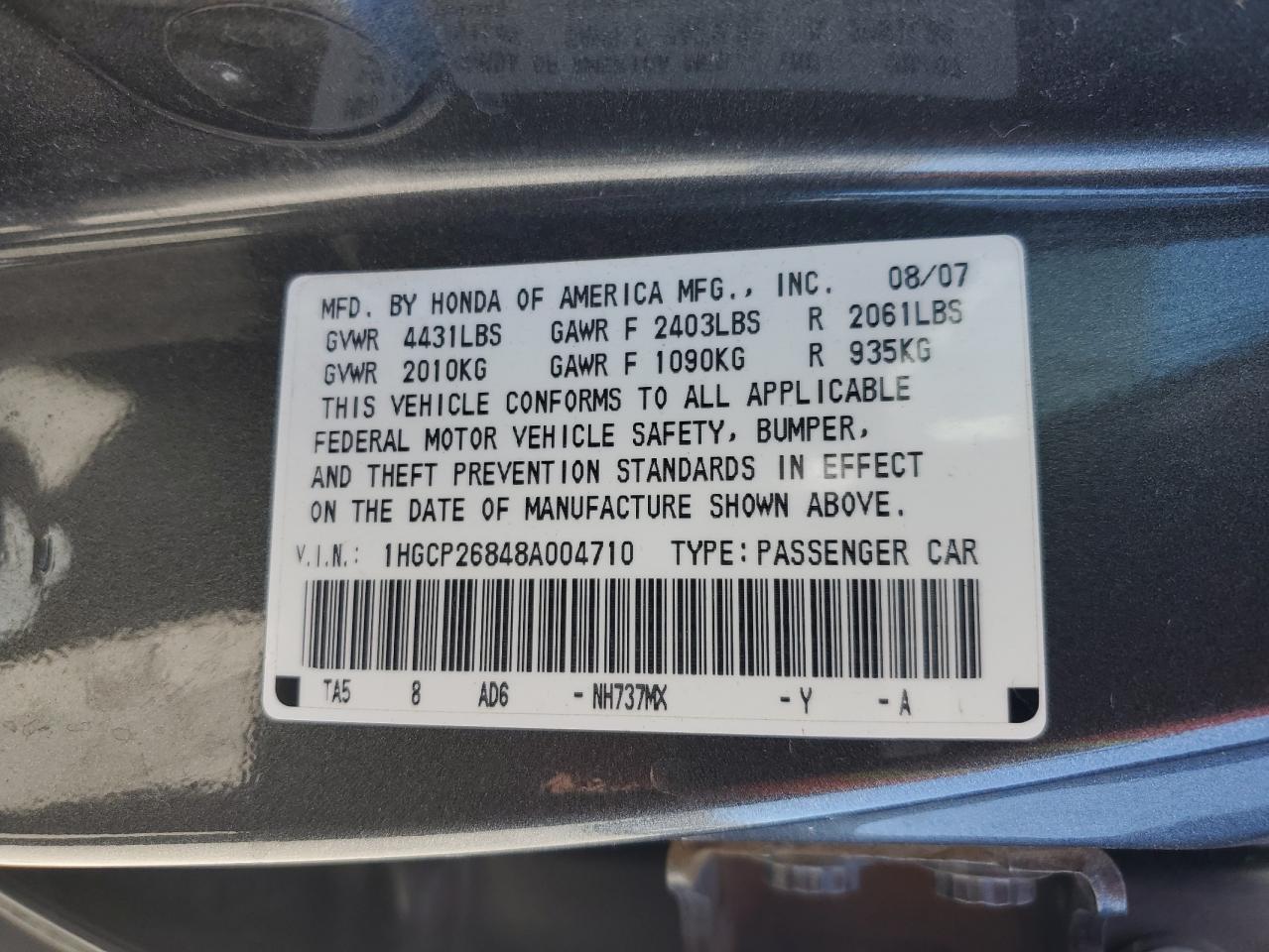 1HGCP26848A004710 2008 Honda Accord Exl