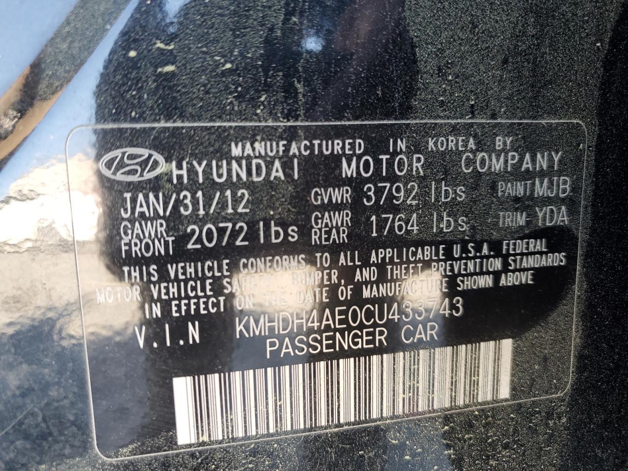 KMHDH4AE0CU433743 2012 Hyundai Elantra Gls