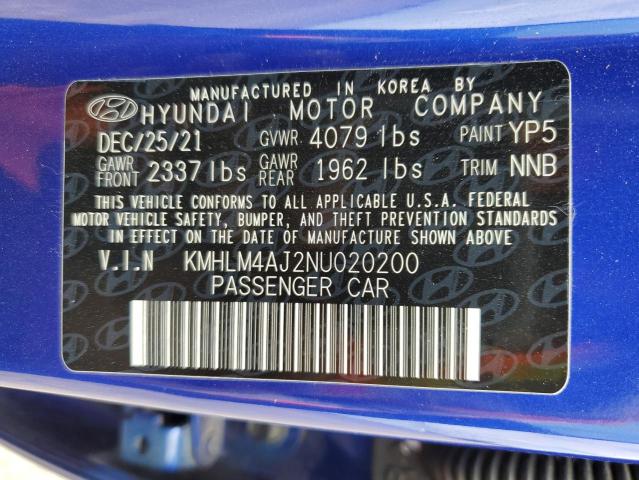 2022 Hyundai Elantra Blue VIN: KMHLM4AJ2NU020200 Lot: 51519514