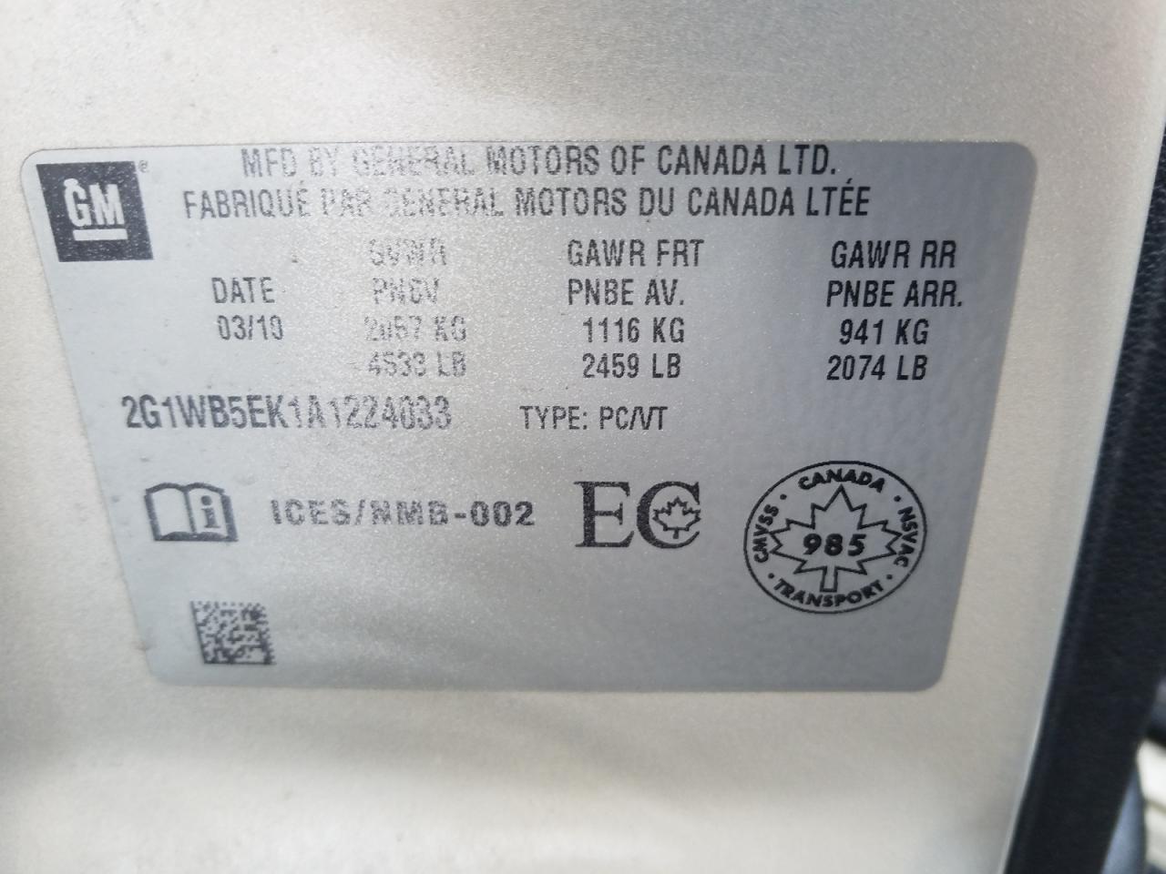 2G1WB5EK1A1224033 2010 Chevrolet Impala Lt