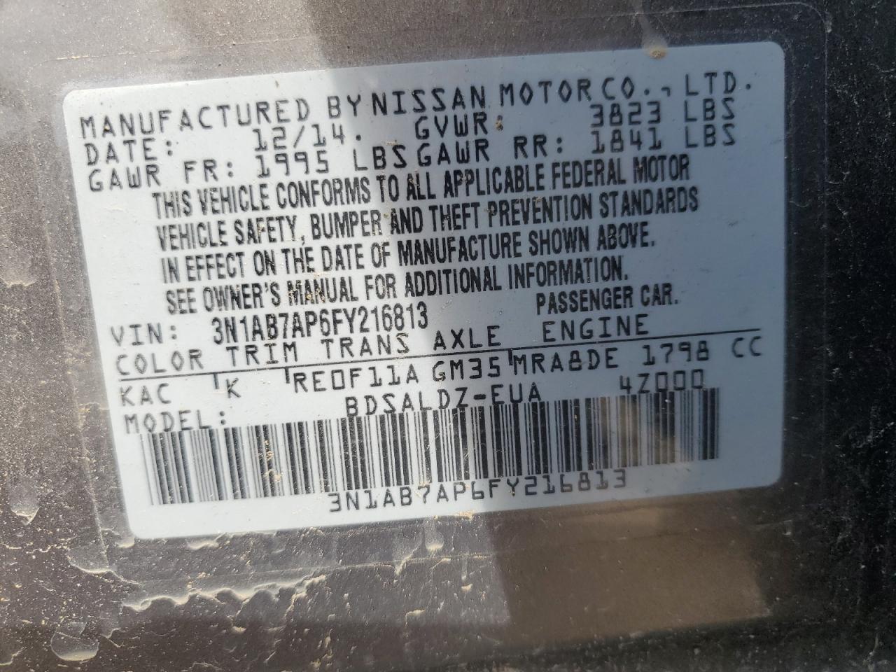 3N1AB7AP6FY216813 2015 Nissan Sentra S