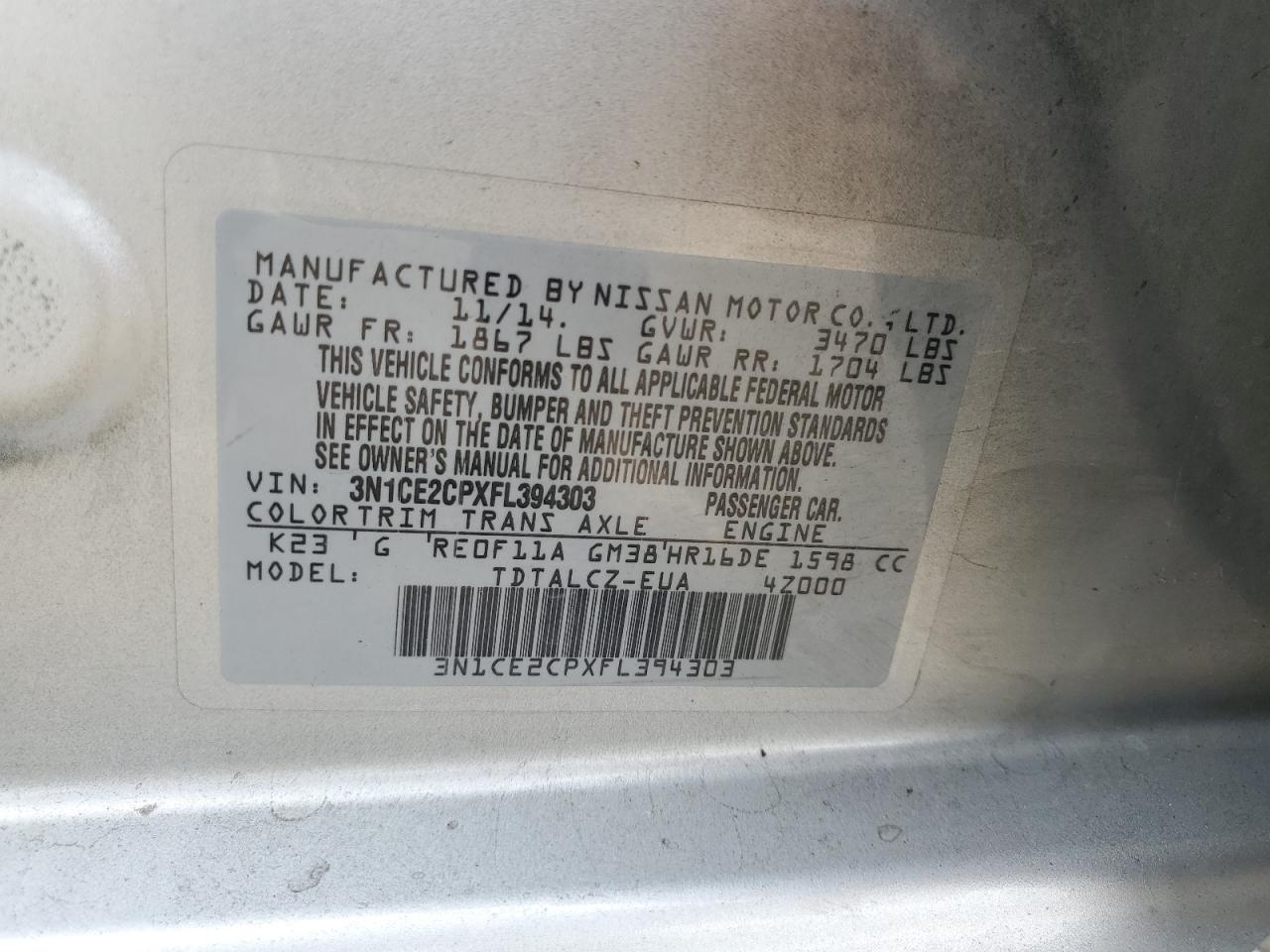 3N1CE2CPXFL394303 2015 Nissan Versa Note S