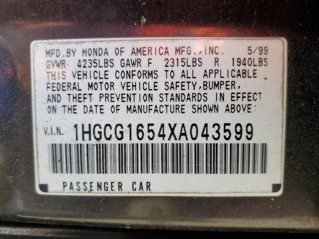 1HGCG1654XA043599 1999 Honda Accord Ex