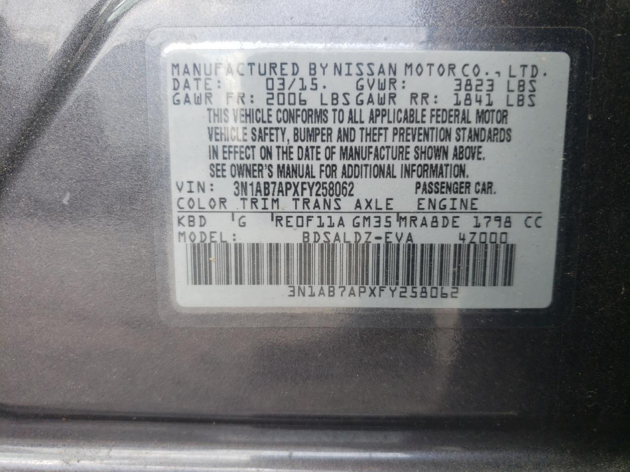 3N1AB7APXFY258062 2015 Nissan Sentra S