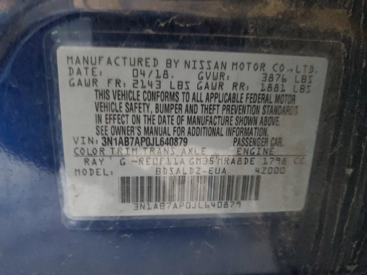 3N1AB7AP0JL640879 2018 Nissan Sentra S