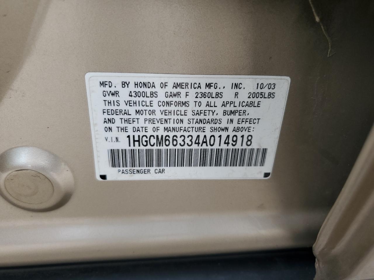 1HGCM66334A014918 2004 Honda Accord Lx