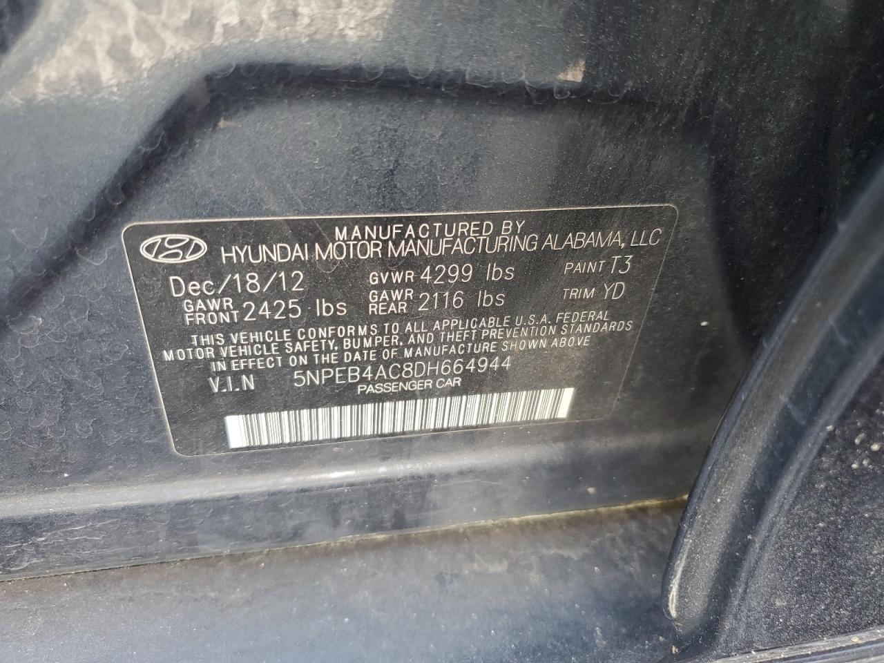 5NPEB4AC8DH664944 2013 Hyundai Sonata Gls