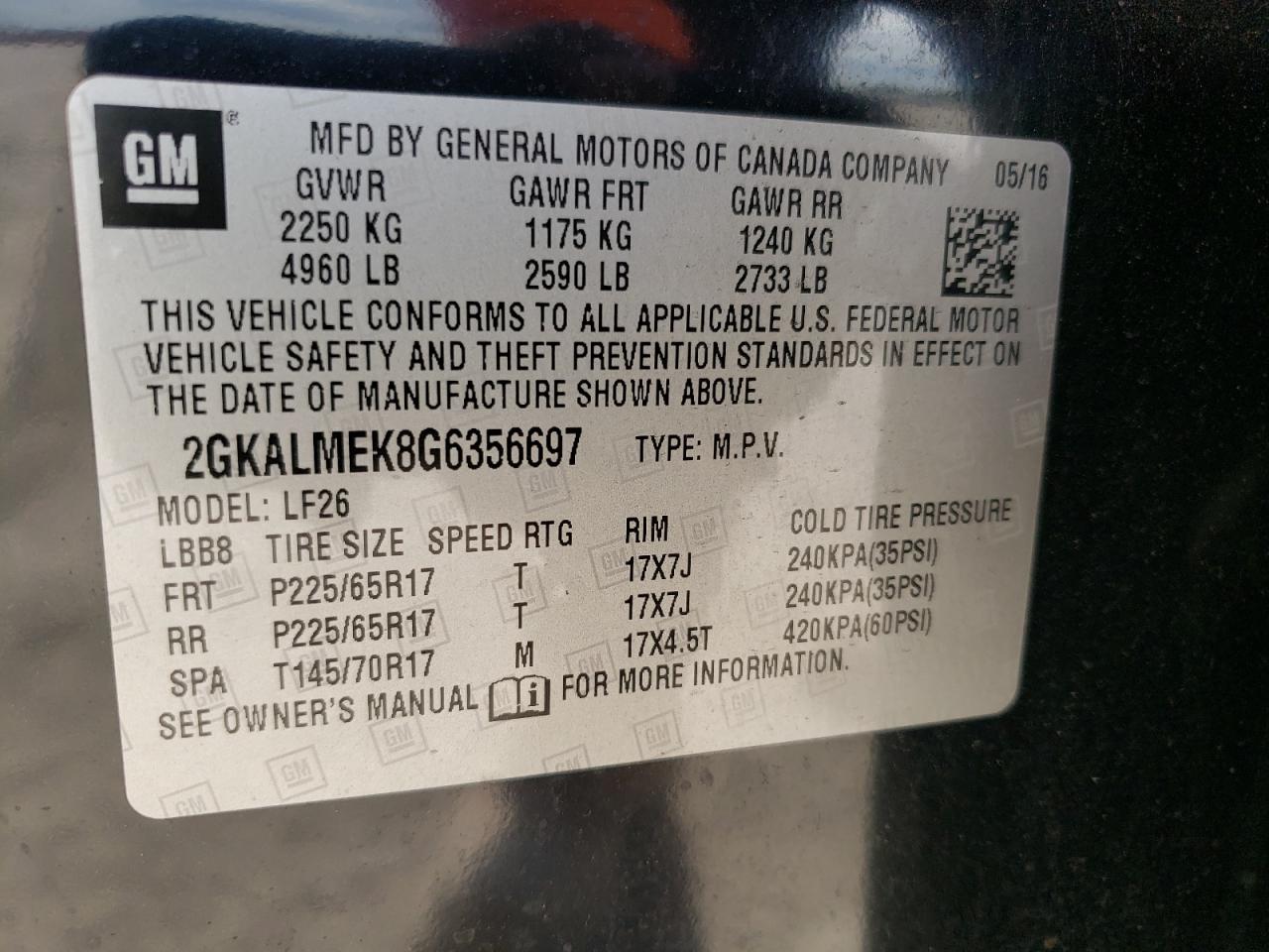 2GKALMEK8G6356697 2016 GMC Terrain Sle