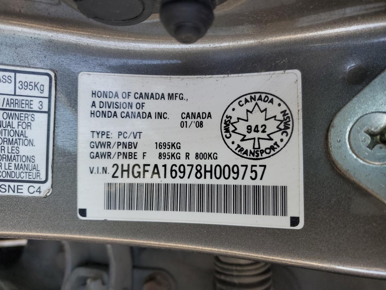2HGFA16978H009757 2008 Honda Civic Exl