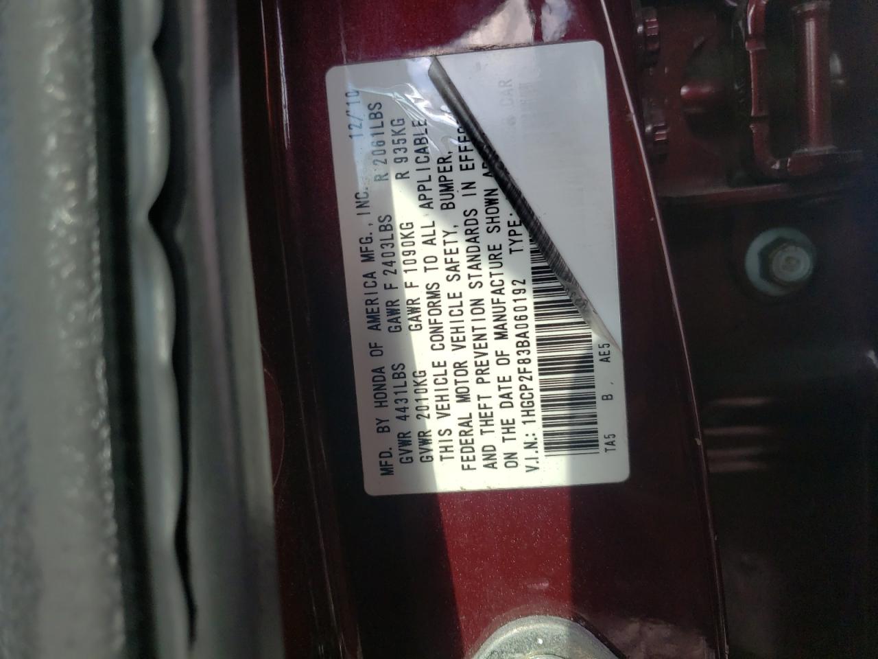 1HGCP2F83BA060192 2011 Honda Accord Exl