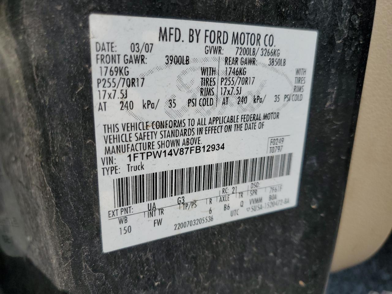 1FTPW14V87FB12934 2007 Ford F150 Supercrew