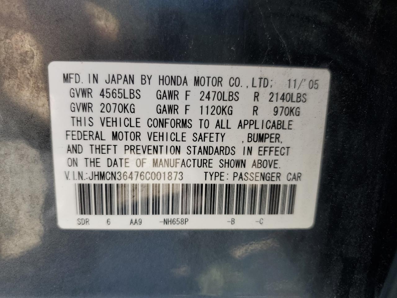 JHMCN36476C001873 2006 Honda Accord Hybrid