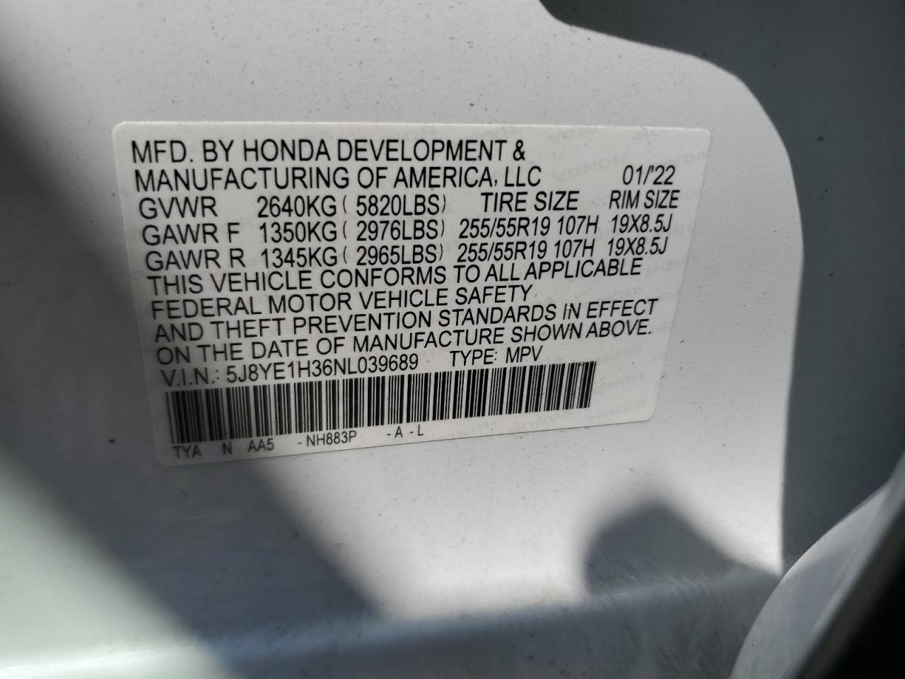 5J8YE1H36NL039689 2022 Acura Mdx