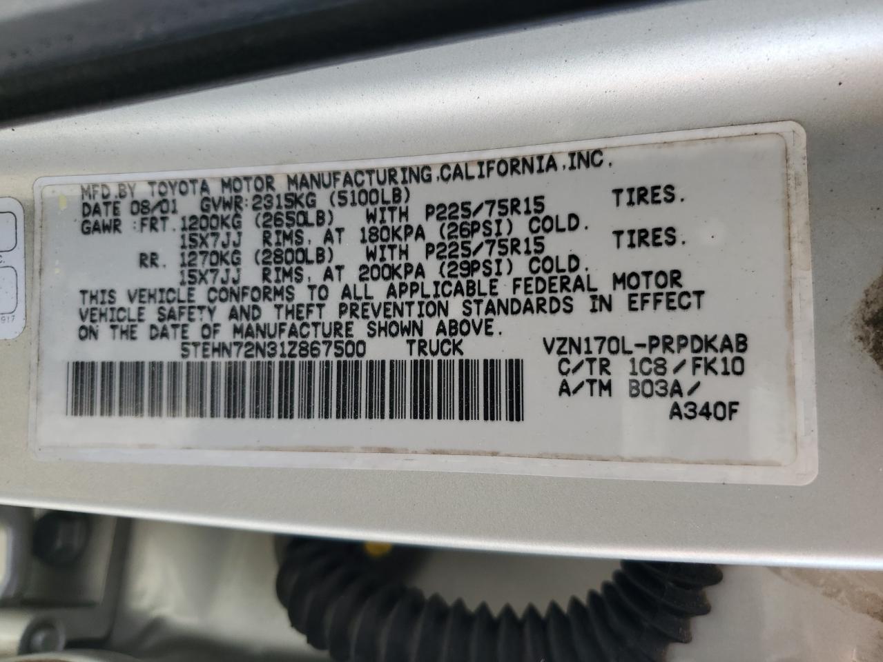 5TEHN72N31Z867500 2001 Toyota Tacoma Double Cab