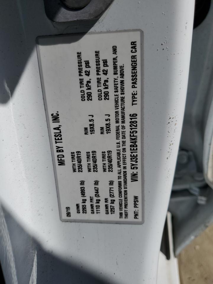 5YJ3E1EB4KF512816 2019 Tesla Model 3