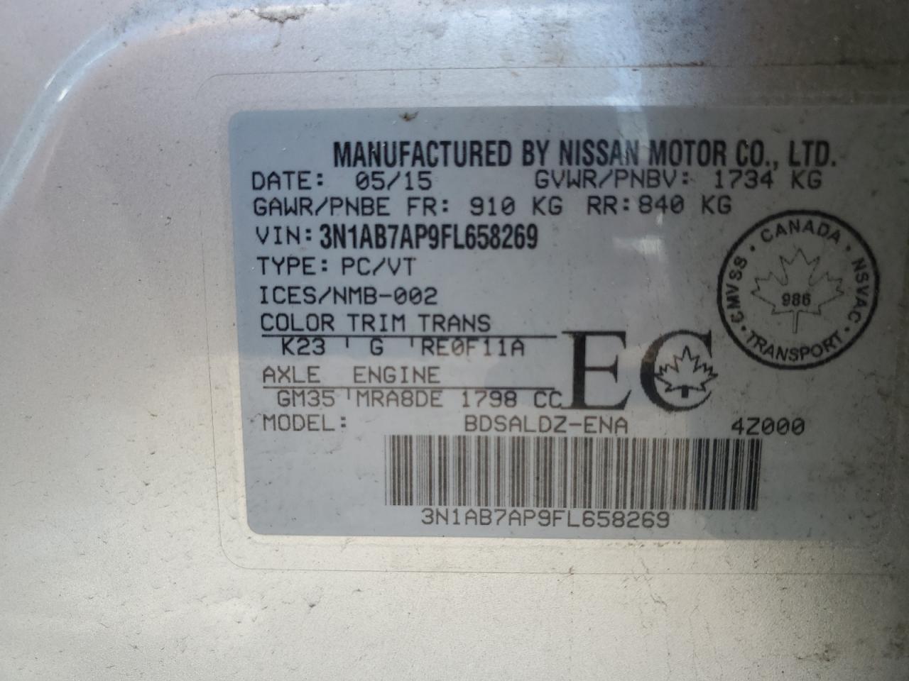 3N1AB7AP9FL658269 2015 Nissan Sentra S