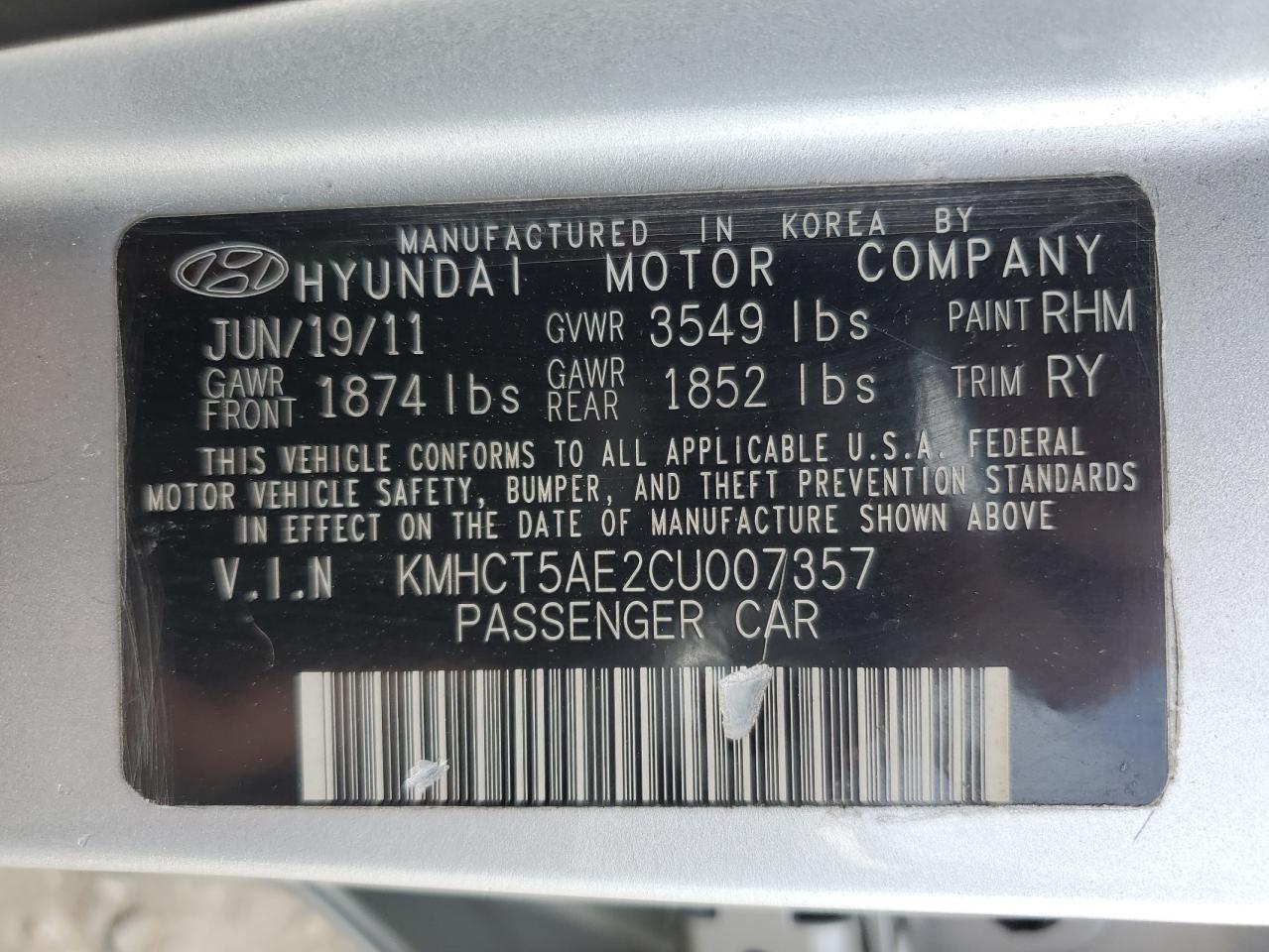 KMHCT5AE2CU007357 2012 Hyundai Accent Gls