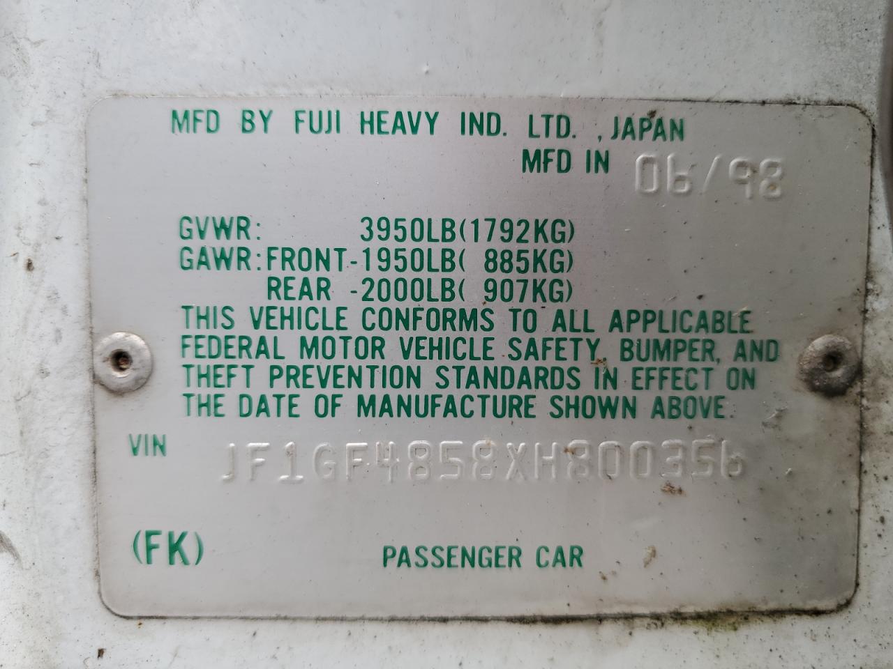 jf1gf4858xh800356 JF1GF4858XH800356 1999 Subaru Impreza Outback Sport
