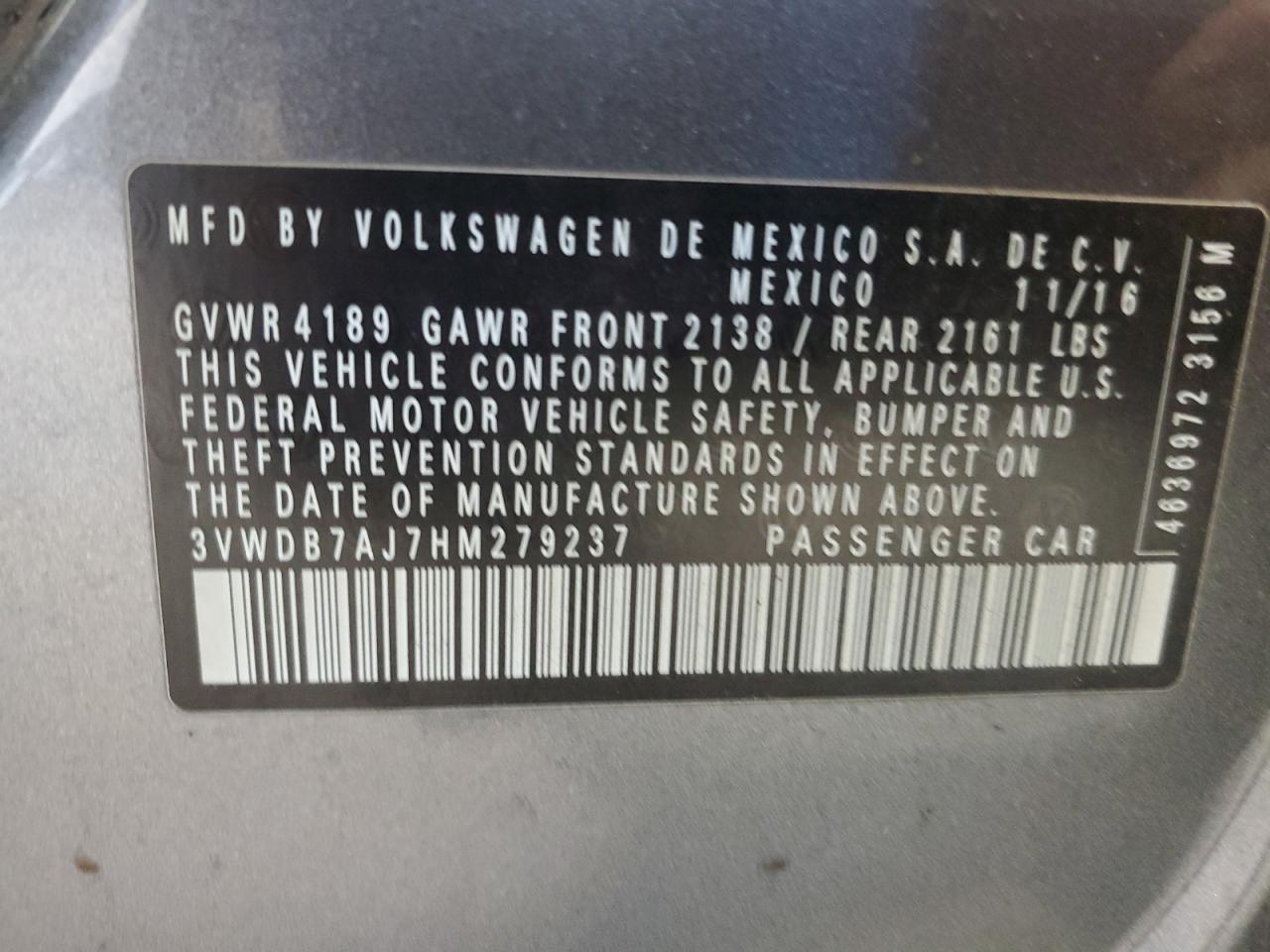 3VWDB7AJ7HM279237 2017 Volkswagen Jetta Se