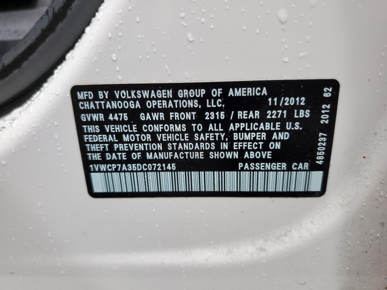 1VWCP7A35DC072145 2013 Volkswagen Passat Sel