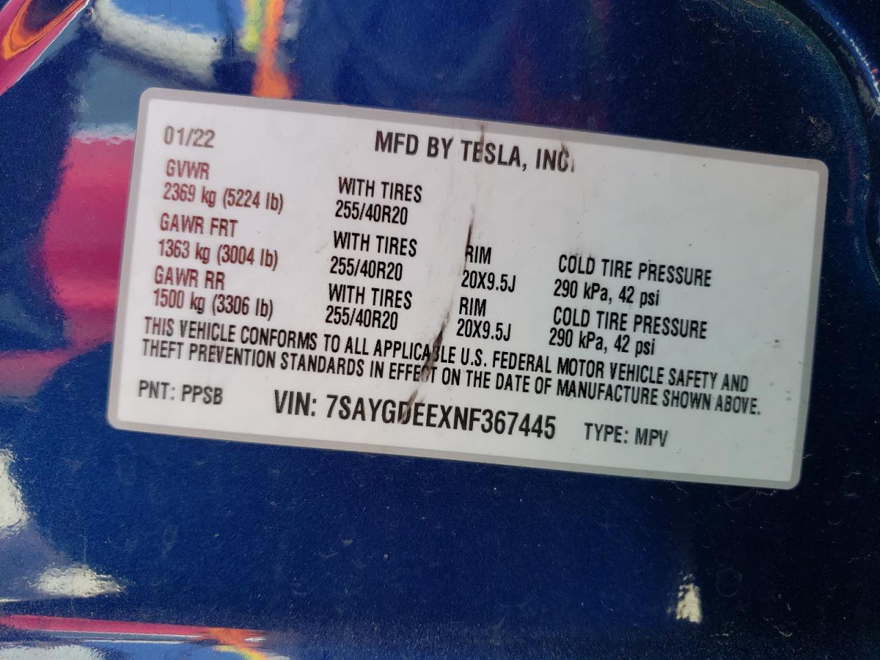 7SAYGDEEXNF367445 2022 Tesla Model Y