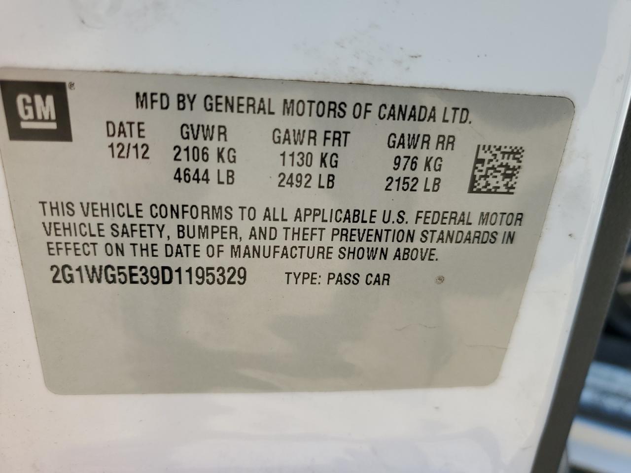 2G1WG5E39D1195329 2013 Chevrolet Impala Lt