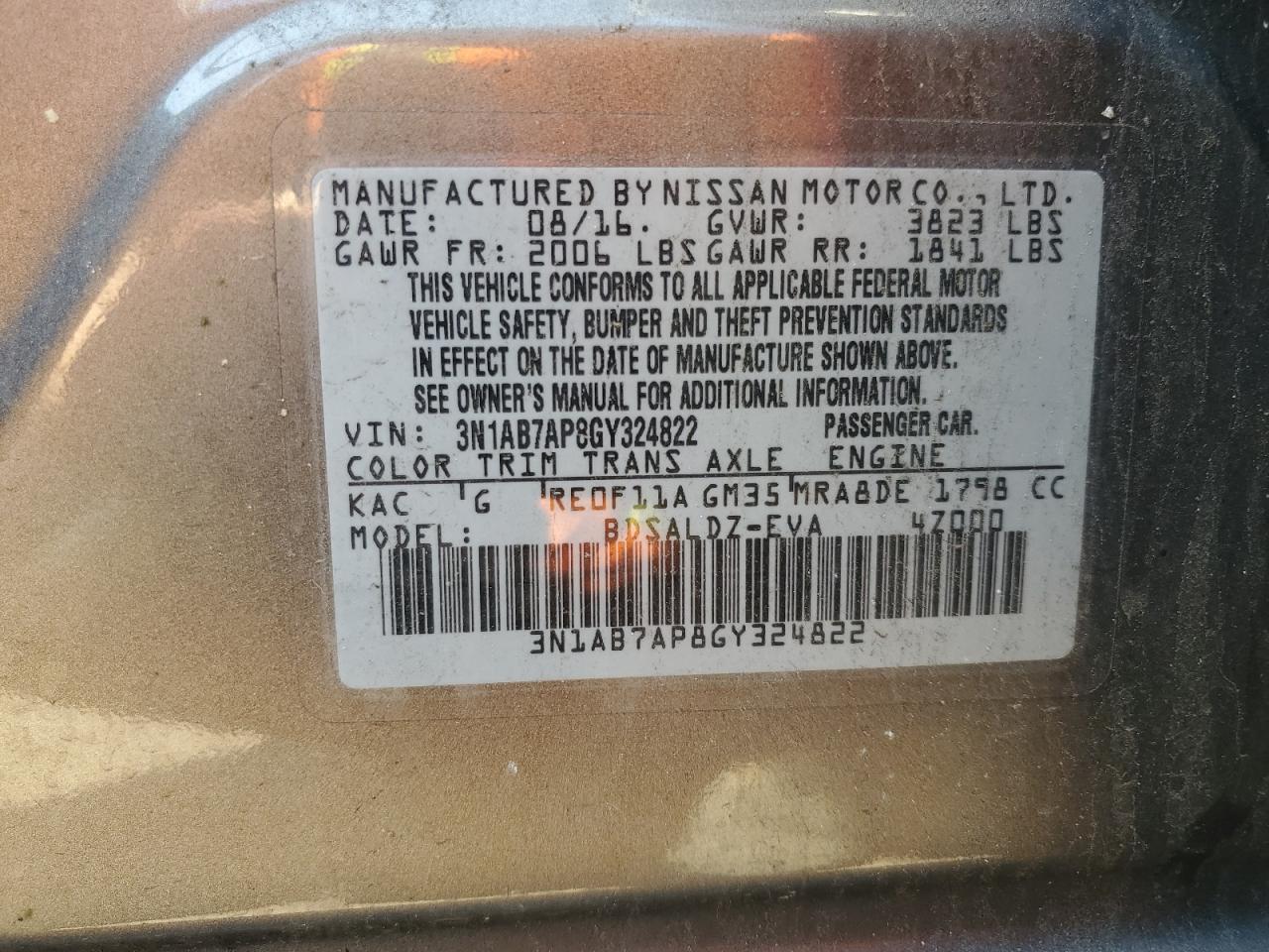 3N1AB7AP8GY324822 2016 Nissan Sentra S