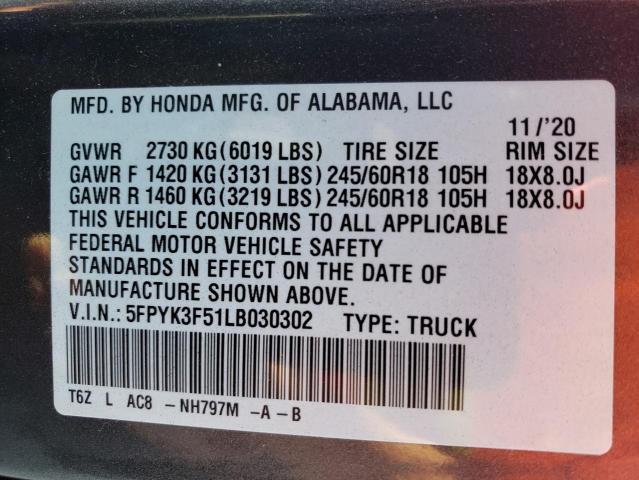 2020 Honda Ridgeline Rtl VIN: 5FPYK3F51LB030302 Lot: 50660034