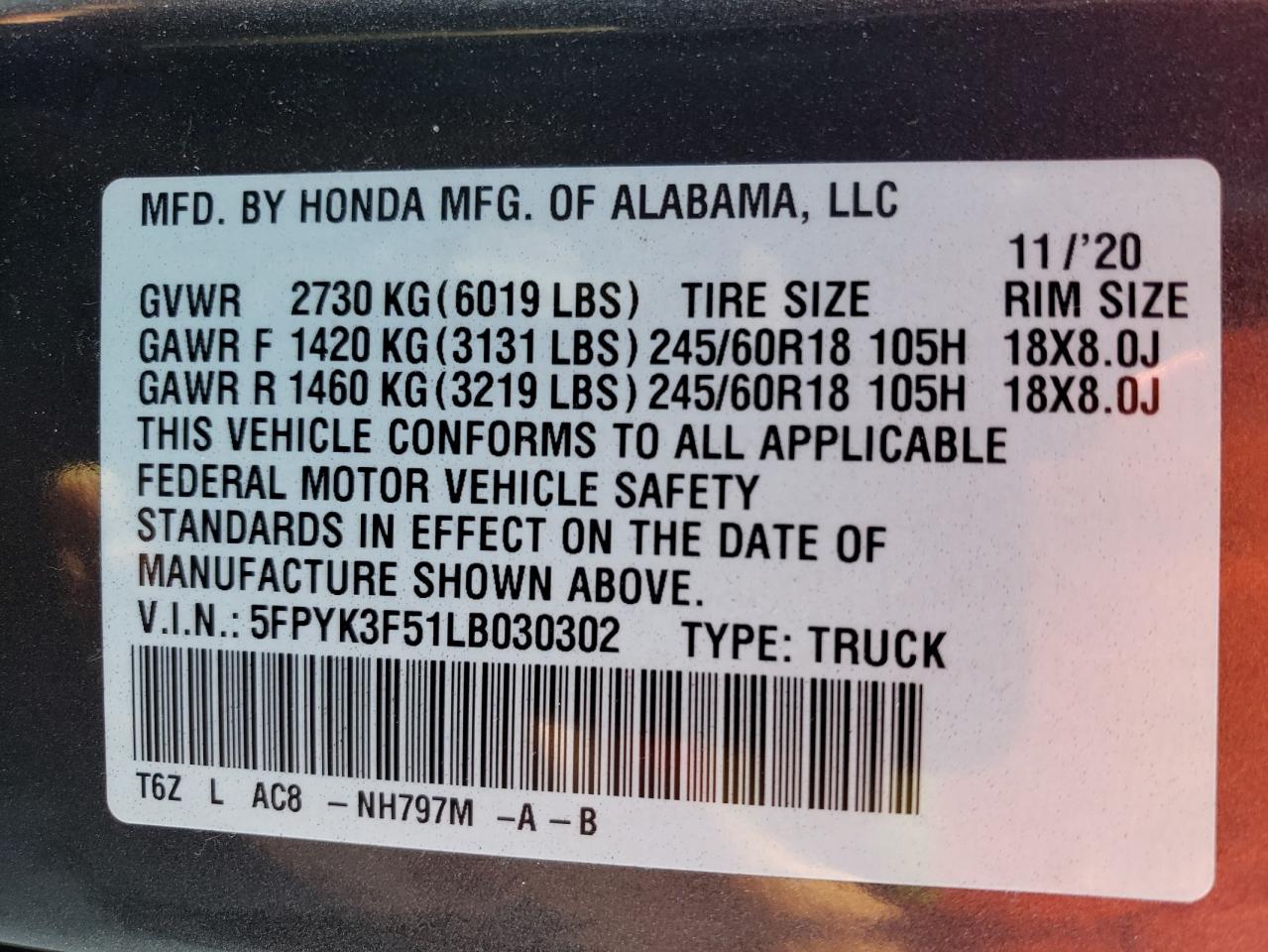 5FPYK3F51LB030302 2020 Honda Ridgeline Rtl