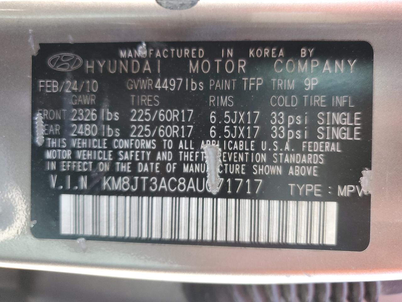 KM8JT3AC8AU071717 2010 Hyundai Tucson Gls
