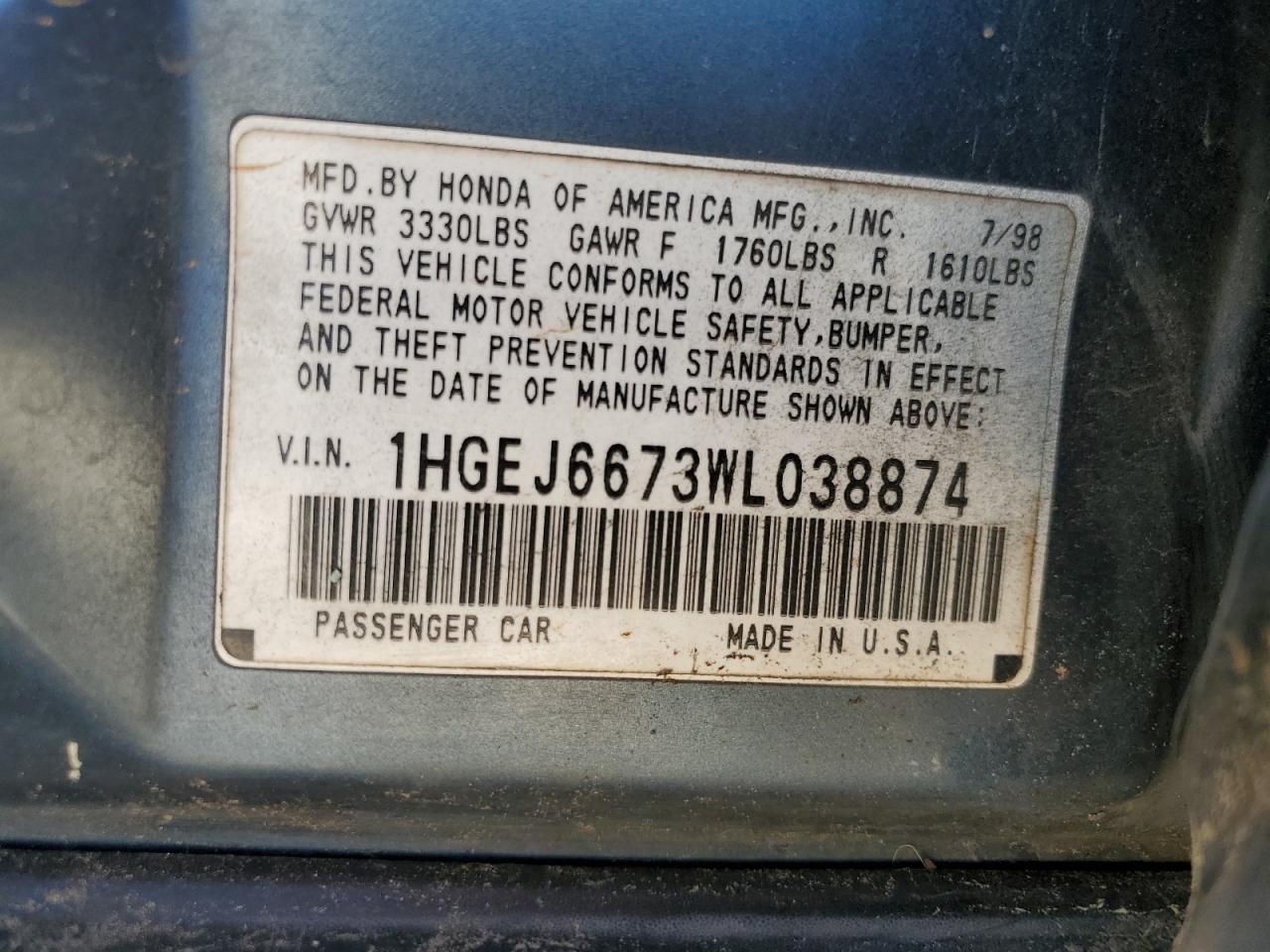 1HGEJ6673WL038874 1998 Honda Civic Lx