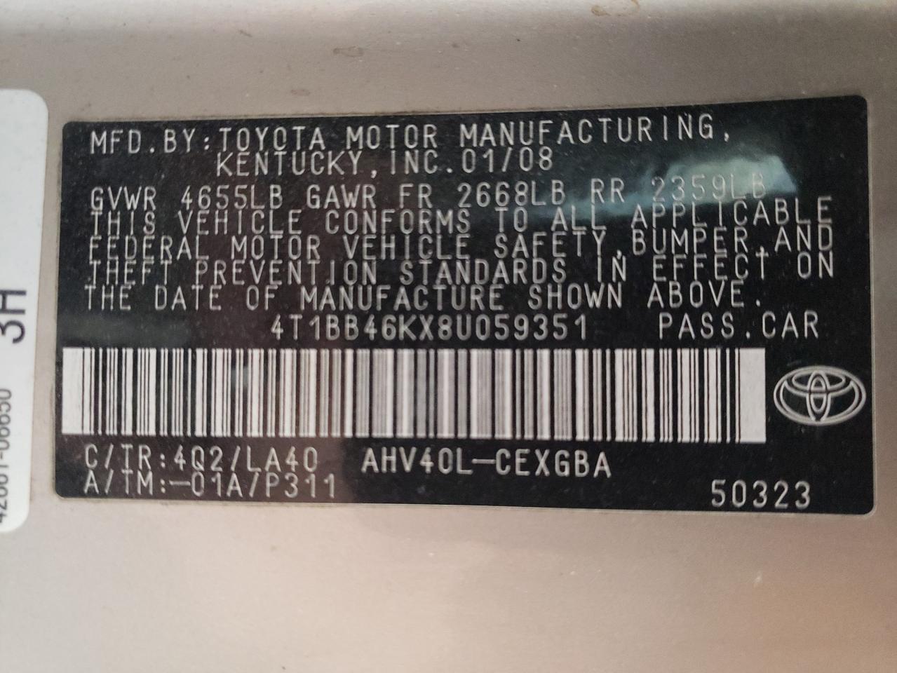 4T1BB46KX8U059351 2008 Toyota Camry Hybrid