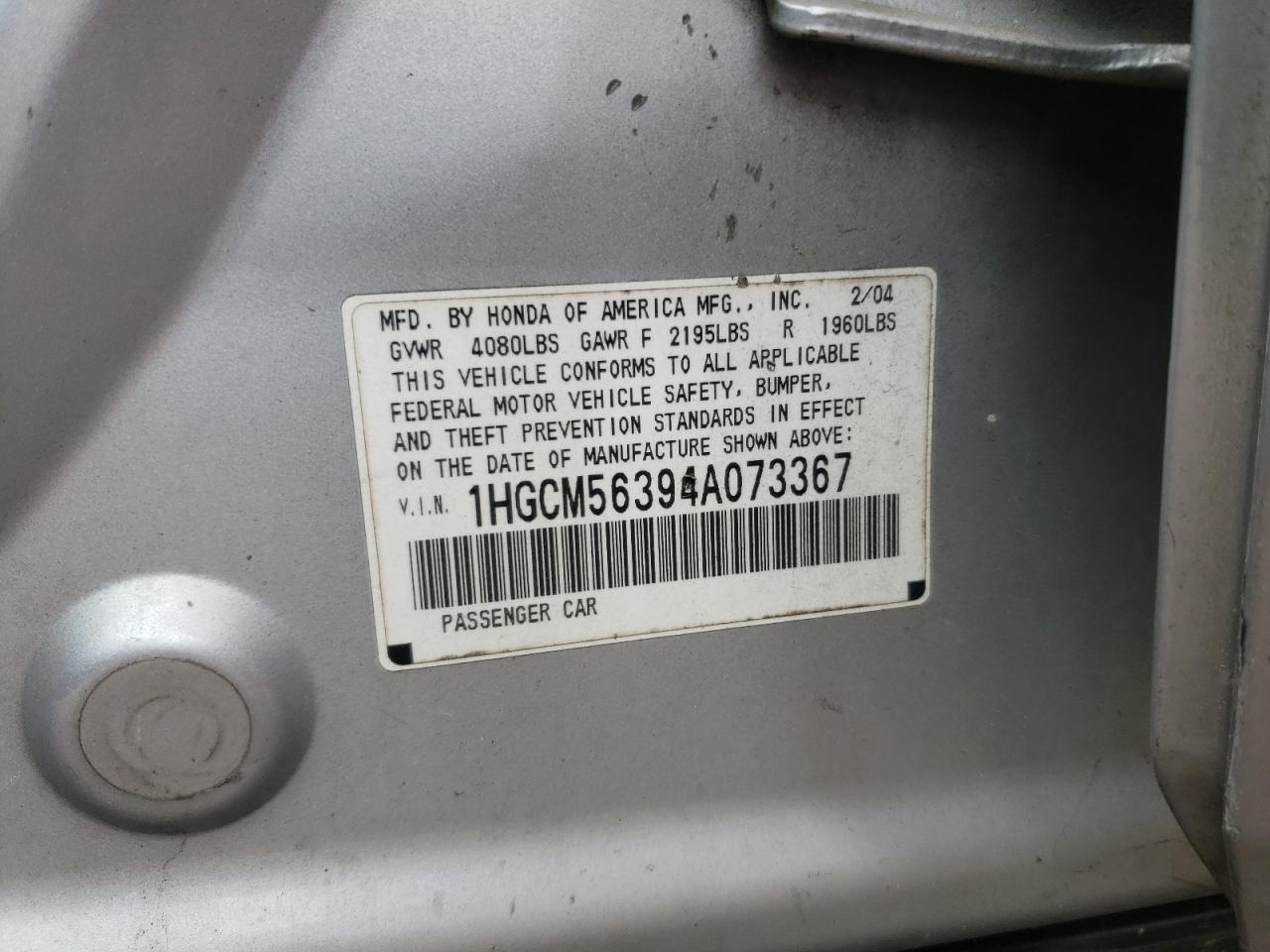 1HGCM56394A073367 2004 Honda Accord Lx