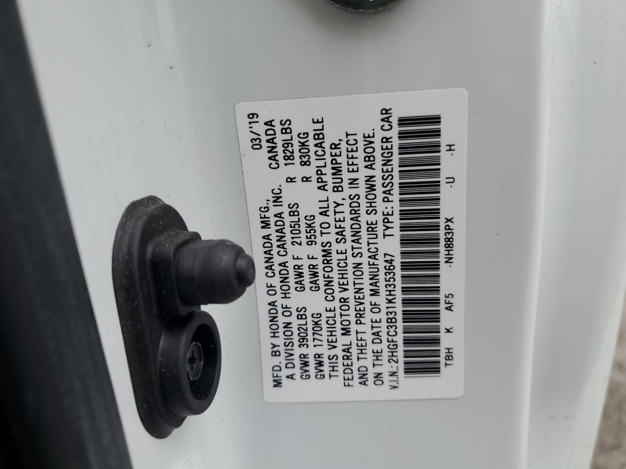 2HGFC3B31KH353647 2019 Honda Civic Ex