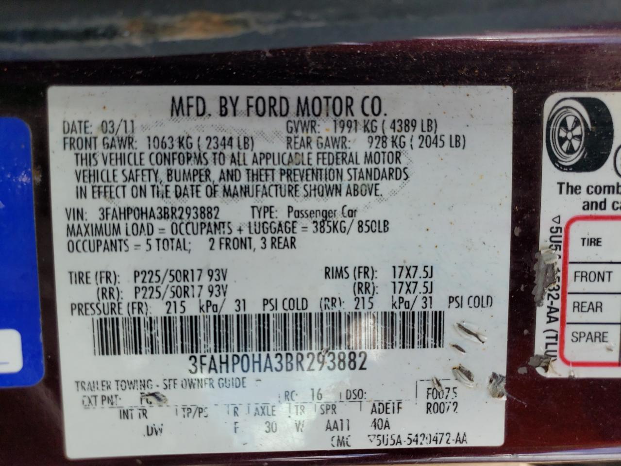 3FAHP0HA3BR293882 2011 Ford Fusion Se