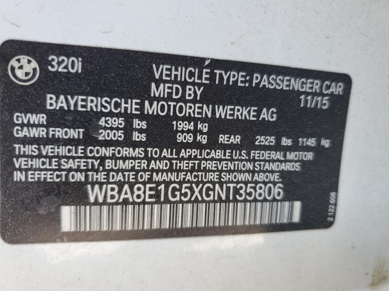 WBA8E1G5XGNT35806 2016 BMW 320 I