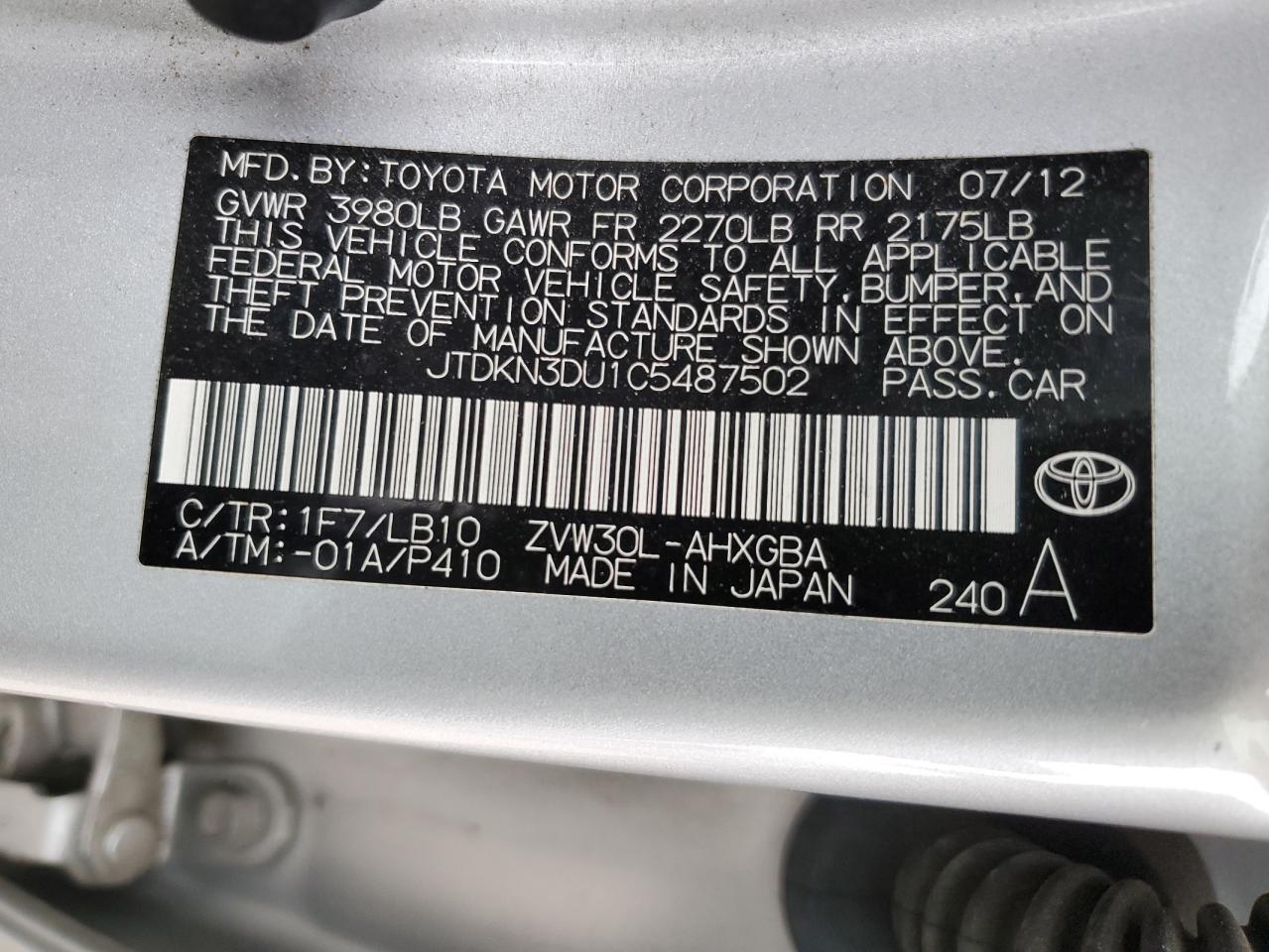 JTDKN3DU1C5487502 2012 Toyota Prius