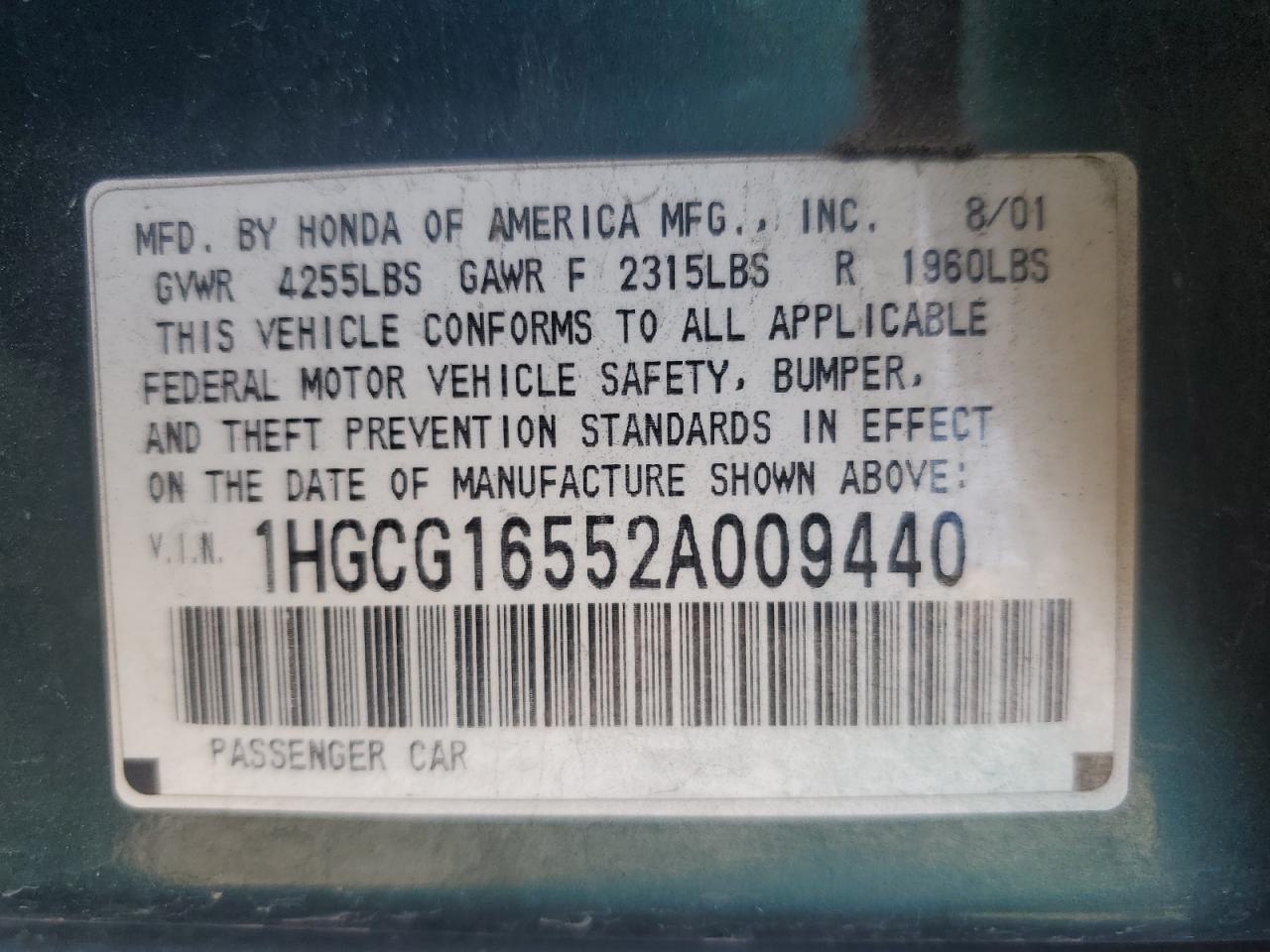 1HGCG16552A009440 2002 Honda Accord Ex