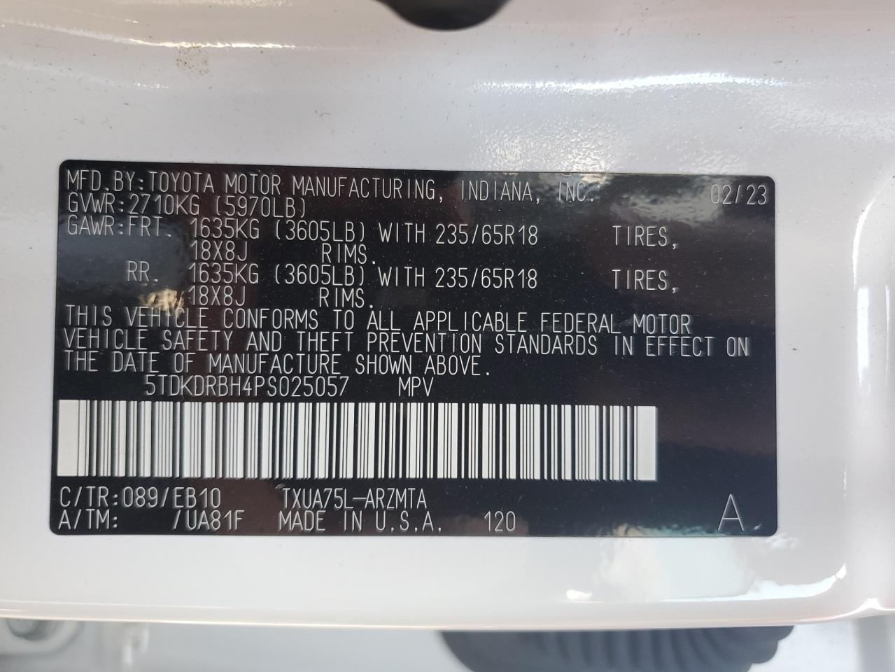5TDKDRBH4PS025057 2023 Toyota Highlander L