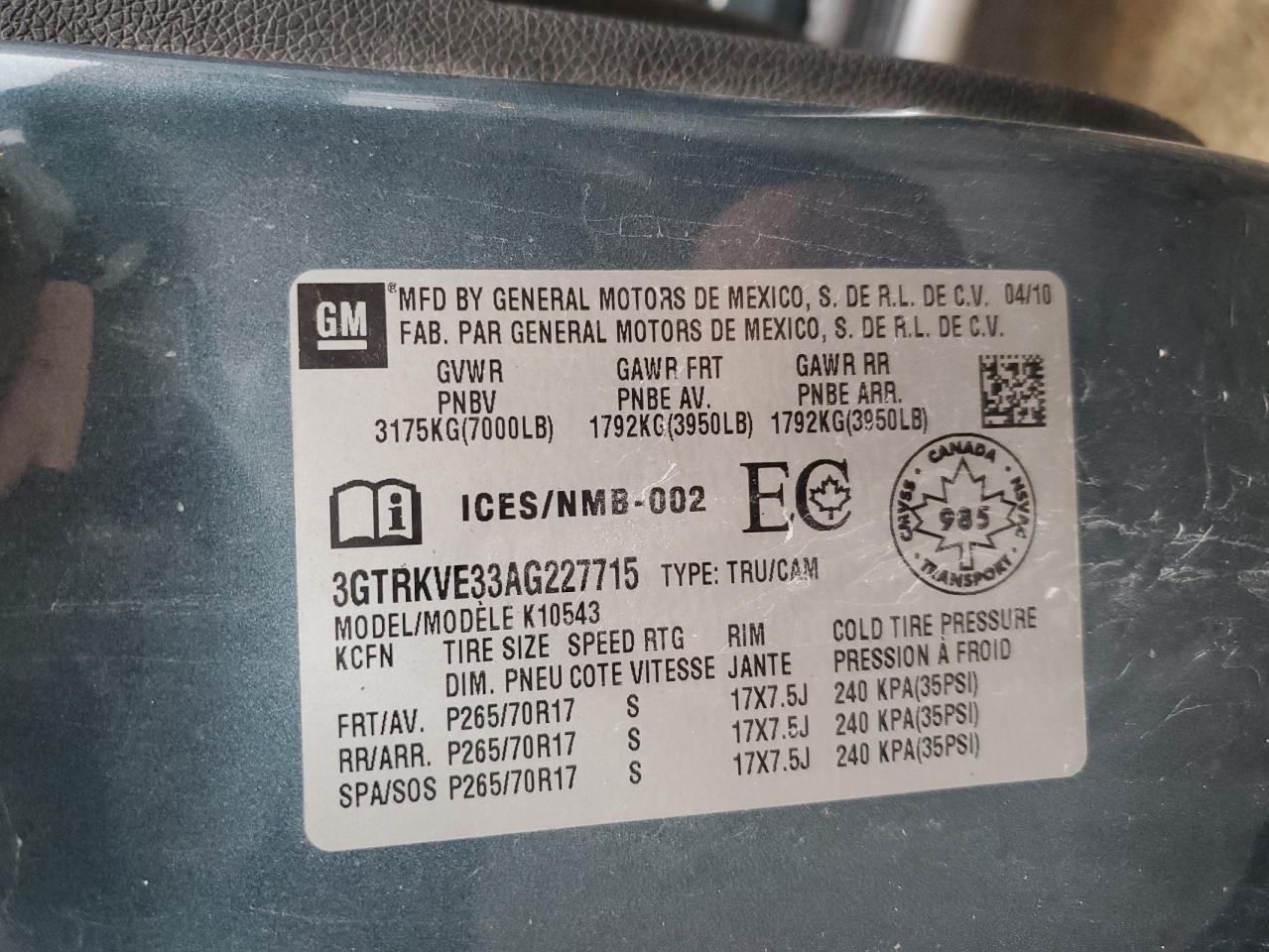 3GTRKVE33AG227715 2010 GMC Sierra K1500 Sle