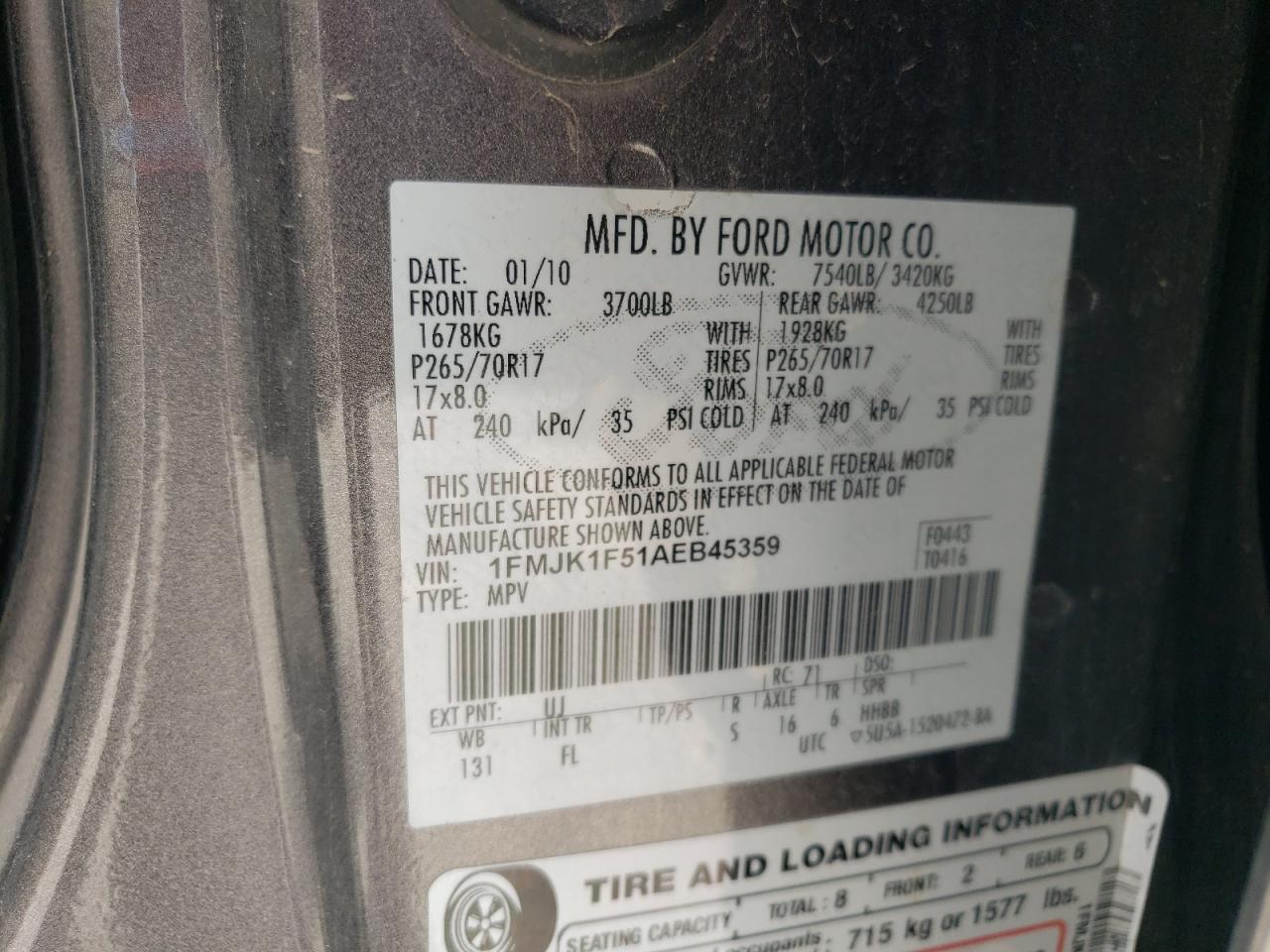 1FMJK1F51AEB45359 2010 Ford Expedition El Xlt