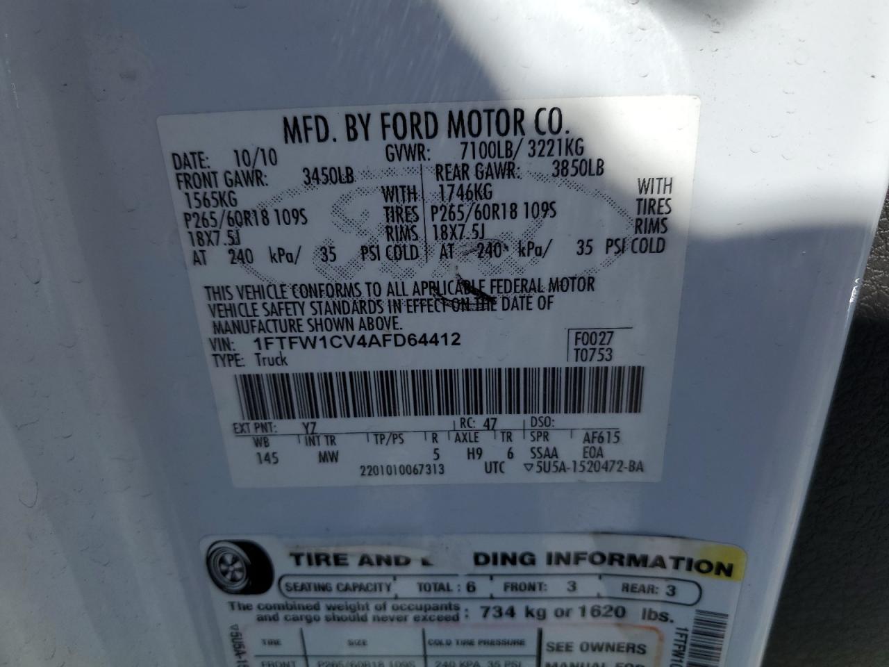 1FTFW1CV4AFD64412 2010 Ford F150 Supercrew