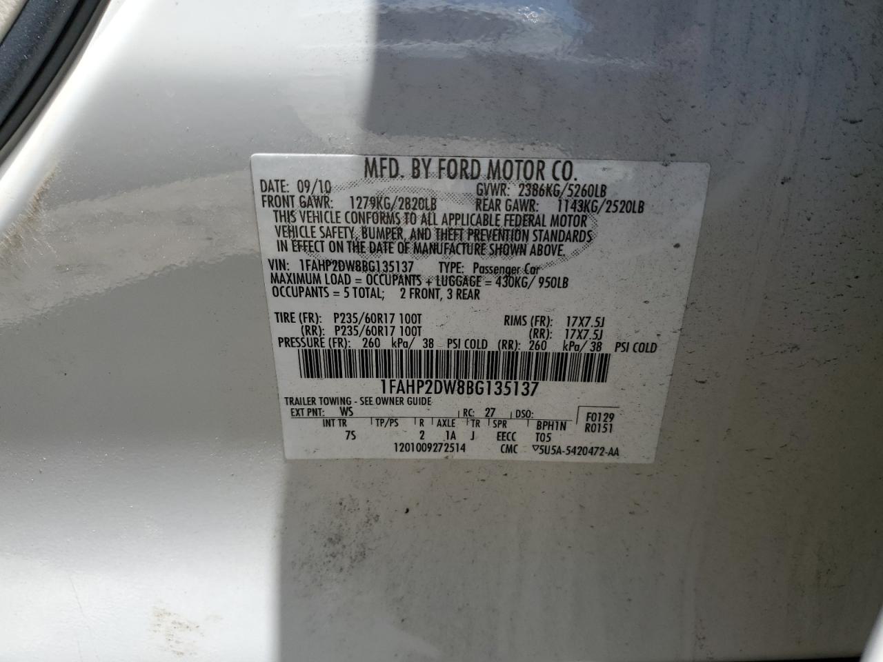 1FAHP2DW8BG135137 2011 Ford Taurus Se