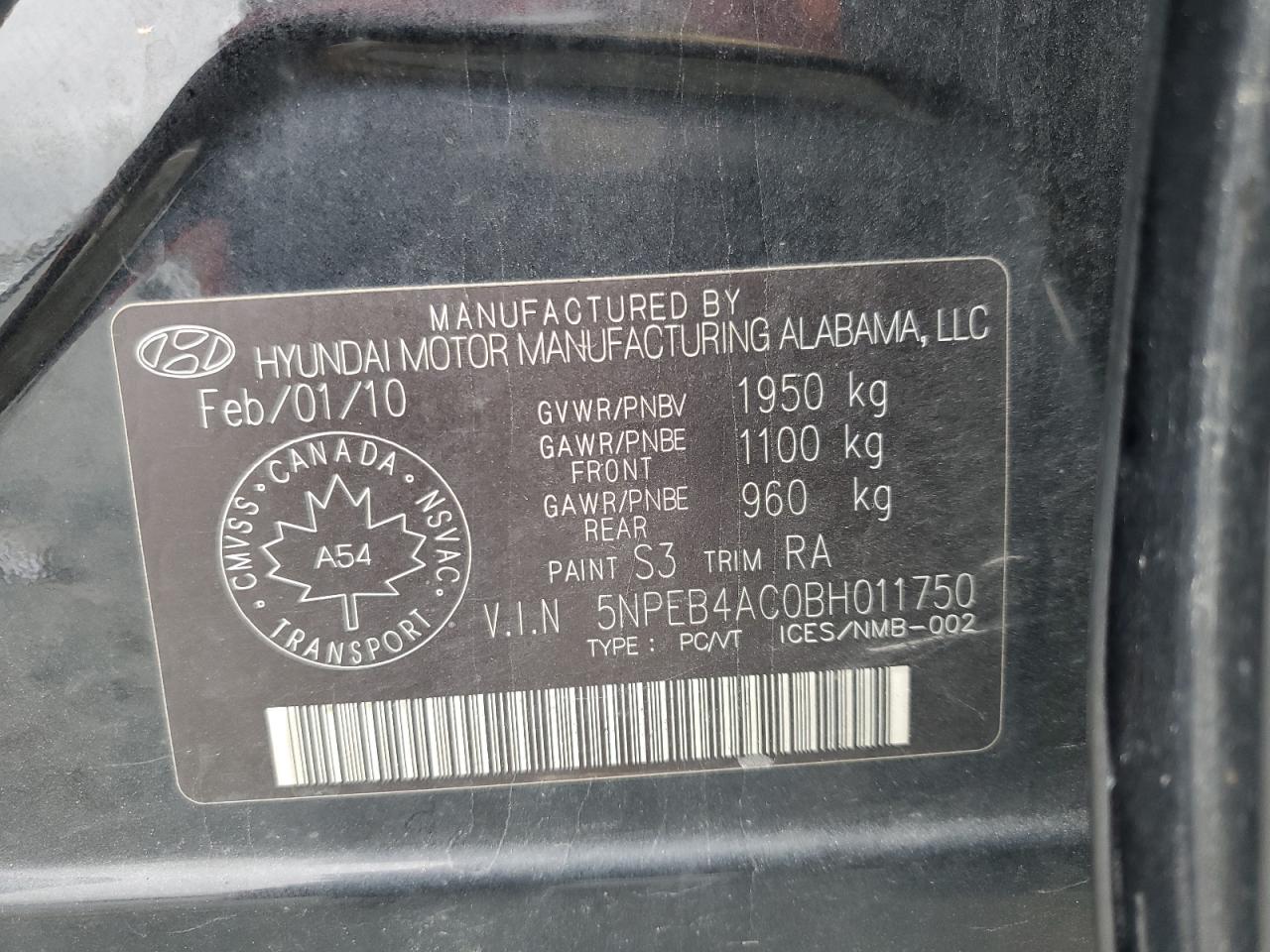 5NPEB4AC0BH011750 2011 Hyundai Sonata Gls